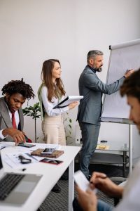 Professional team engaged in a business meeting with a focus on collaboration and planning.